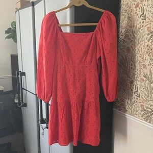 Red Eyelet Dress with Puff Sleeves
